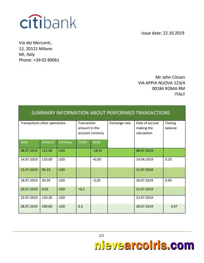Italy Citibank statement